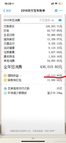 微博CEO晒2018支付宝年账单：花了43.8万 理财亏1万5