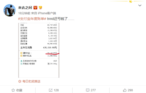 微博CEO晒2018支付宝年账单：花了43.8万 理财亏1万5