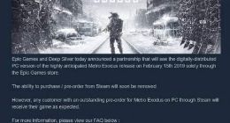 《地铁：离去》PC版改为Epic商城独占 V社表示强烈谴责