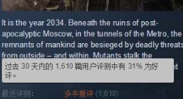 《地铁》两款旧作Steam遭刷差评 众玩家怒怼发行商