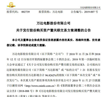 万达电影调整重组方案 拟105亿元收购万达影视95.8%股权_500