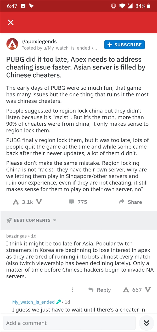 因外挂泛滥 《Apex英雄》外国玩家呼吁封禁国区