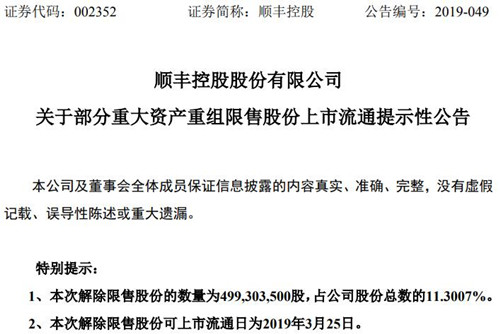 顺丰控股公告截图