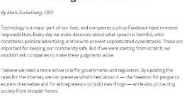 Facebook创始人扎克伯格呼吁加强互联网监管