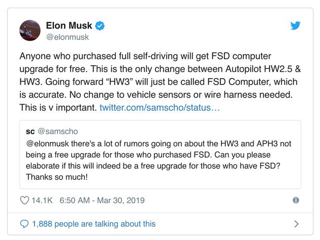 马斯克推文：任何购买了全自动驾驶软件套餐的车主都可以免费升级到FSD计算机。这是Autopilot HW2.5和HW3之间的唯一区别，FSD计算机更加精确。其他车辆传感器或配线等没有更改。这很重要。