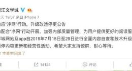 晋江文学城7月15日至29日停更 进行全面内容自查