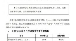 韵达股份：5月快递服务业务收入26.46亿元 同比减少4.10%
