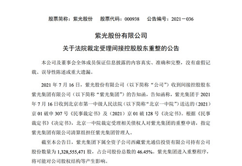 法院裁定受理相关债权人对紫光集团的重整申请_500