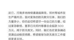 喜茶：向郑州慈善总会捐款500万元用于防汛救灾