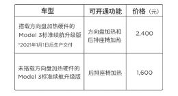 Model 3新增2400元开启方向盘加热和后排座椅加热选项