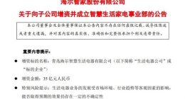 海尔智家：向子公司增资35亿元并成立智慧生活家电事业部