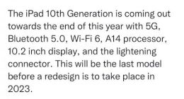 iPad 11 重新设计，苹果入门款 iPad 10 配置曝光：A14 芯片，10.2 英寸屏幕，支持 5G、Wi-Fi 6、蓝牙 5.0