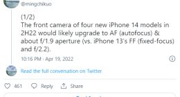 iPhone 14或将升级前置摄像头 优化自拍和视频通话