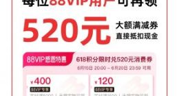 天猫618最后一波大额券已经上线 每位88VIP可再领520元