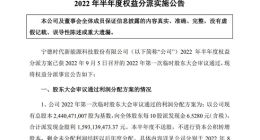 宁德时代：2022年半年度拟每10股派6.528元 合计派发15.93亿元