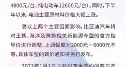 比亚迪新能源车要涨价：上调幅度2000元一6000元不等