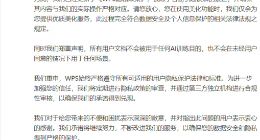 WPS致歉：所有用户文档不会被用于AI 训练目的