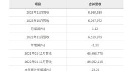 华邦电子2023年11月营收新台币63.68亿元 较去年同期减少2.33%