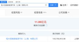 恒大恒驰汽车上海公司被强执1.4亿 恒大恒驰汽车上海公司累计被执行超11亿