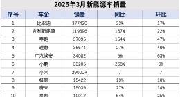 新能源车3月销量稳步回升：比亚迪37.7万辆继续领跑，零跑首次超理想