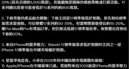 郭明錤：标准版低于预期，小米17系列出货量下调20%至约800万部