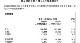 奇瑞汽车2025年营收破3000亿元 净利润大增34.6%