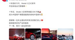 特斯拉Model 3发布十周年 全球销量已突破300万辆
